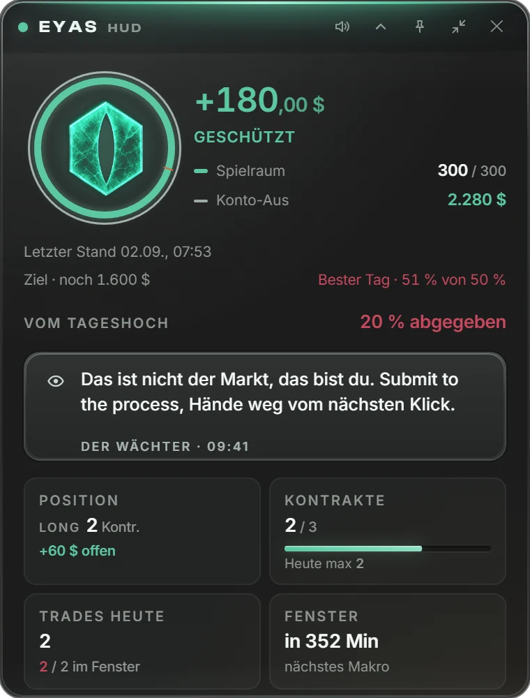 Eyas-HUD im Warnmoment: Stand, Spielraum und die gesprochene Zeile des Wächters