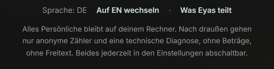 Erststart der Eyas-App, Offenlegung „Was Eyas teilt“: Alles Persönliche bleibt auf deinem Rechner.