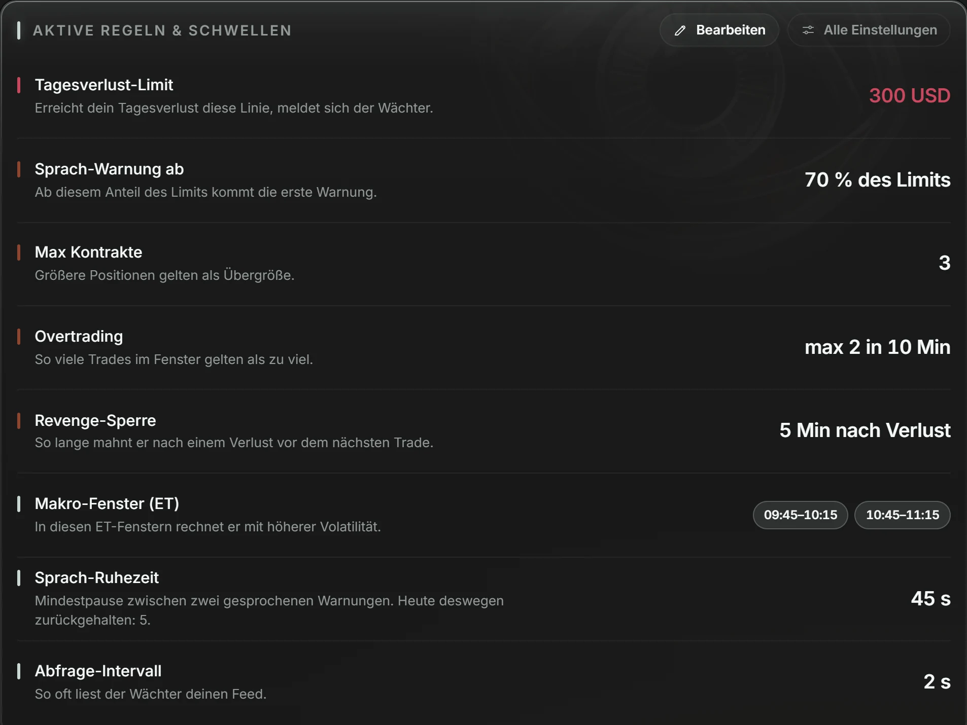 Wächter-Tab der Eyas-App: aktive Regeln und Schwellen, Tagesverlust-Limit, Kontrakte, Overtrading, Revenge-Sperre