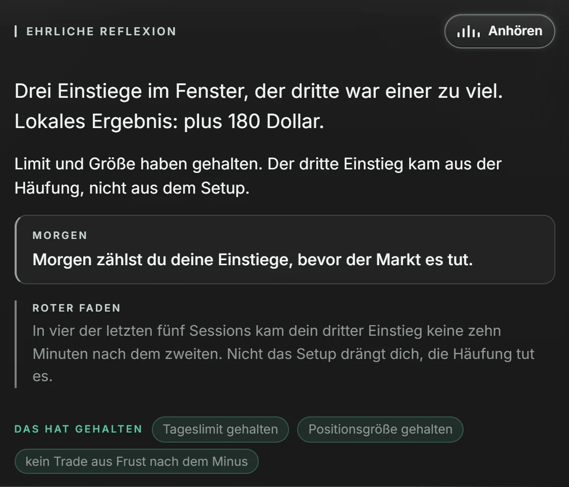 Eyas-App, Rückblick: die ehrliche Reflexion zum Tag, der Satz für morgen, der rote Faden über die letzten fünf Sessions und was heute gehalten hat