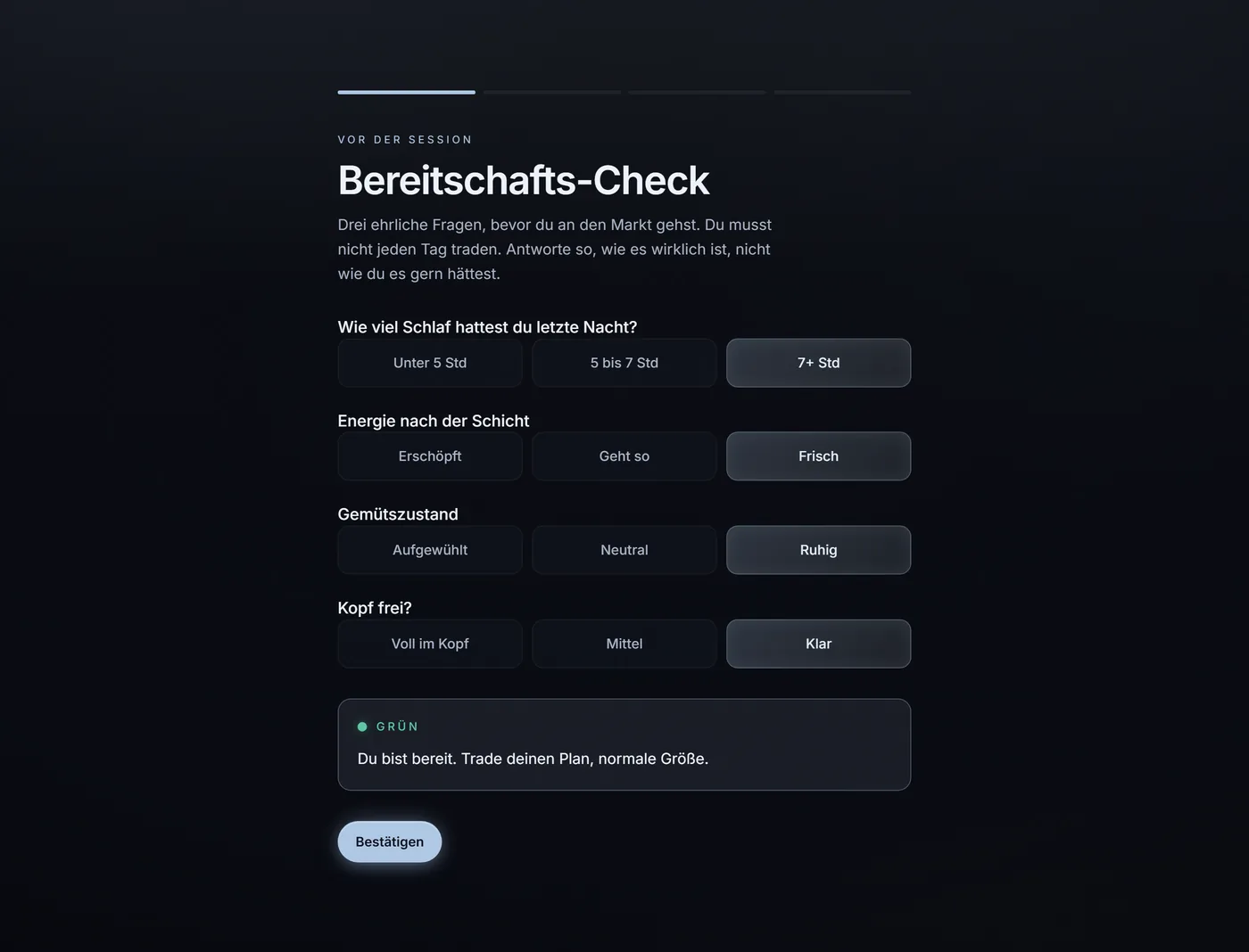Der Eyas-Bereitschafts-Check vor der Session: vier ehrliche Selbsteinstufungen fuer Schlaf, Energie, Gemuet und Fokus ergeben ein gruenes Urteil, trade deinen Plan in normaler Groesse.