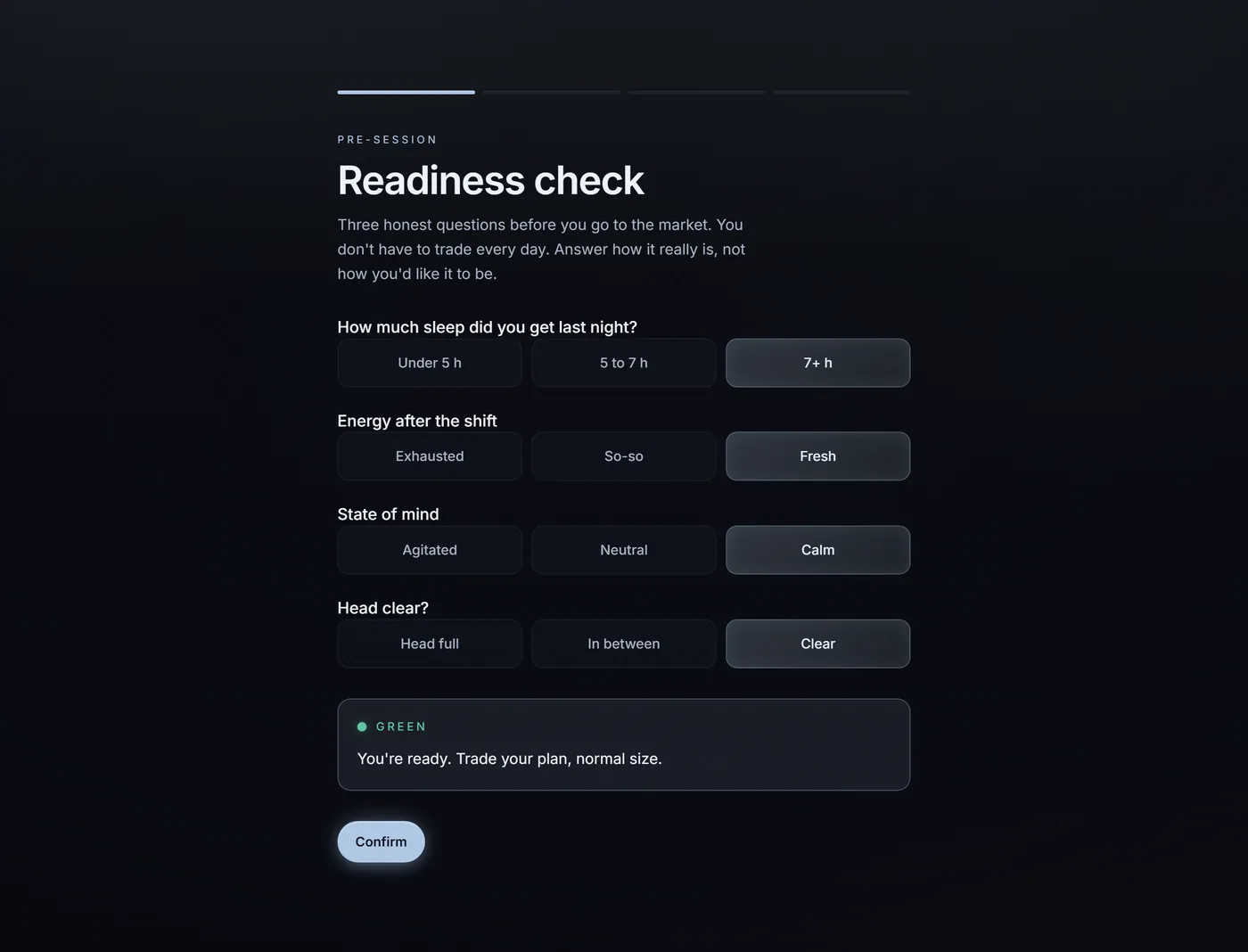 The Eyas pre-session readiness check: four honest self-ratings for sleep, energy, mood and focus resolve to a green GO verdict, trade your plan at normal size.